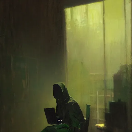 Image similar to portrait of a chad programmer with green hood by jeremy mann, dramatic lighting