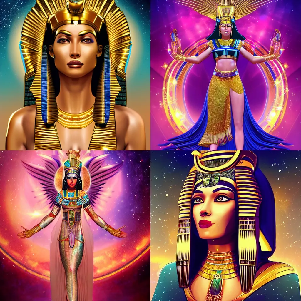 Prompt: high priestess channeling the Egyptian goddess Isis, radiant, joyful, loving, backlit, standing in a cosmic crystal temple surrounded by stars, digital art by medders, trending on artstation