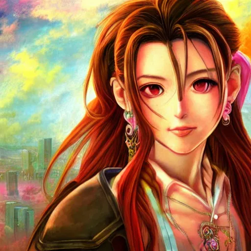 dreamy colorful portrait drawing of aerith | Stable Diffusion