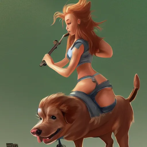 Prompt: girl riding a giant schanuzer dog at the park, trending on artstation