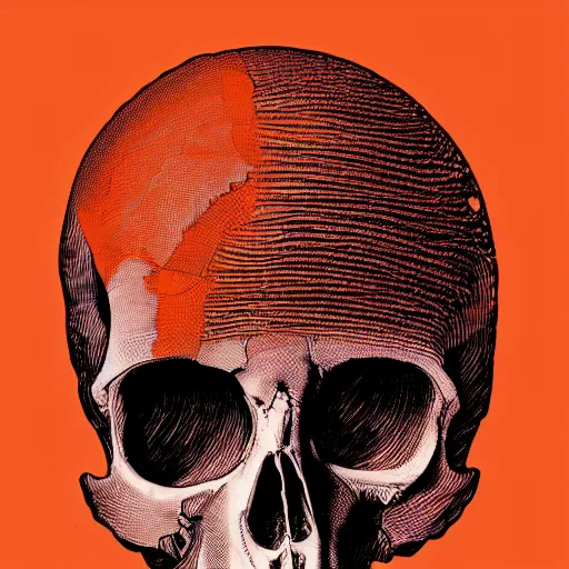 Image similar to vivid risograph of one skeleton on orange background