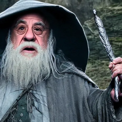 Image similar to movie still of danny devito starring as gandalf the white in the 2 0 2 4 lord of the rings movie, full body, hyper realistic, high quality, wide angle