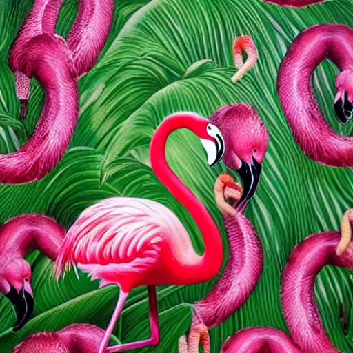 Prompt: hyper realistic portrait of pink flamingo in front banana plants and a flamingo print wall, 8 5 mm lens by annie leibovitz