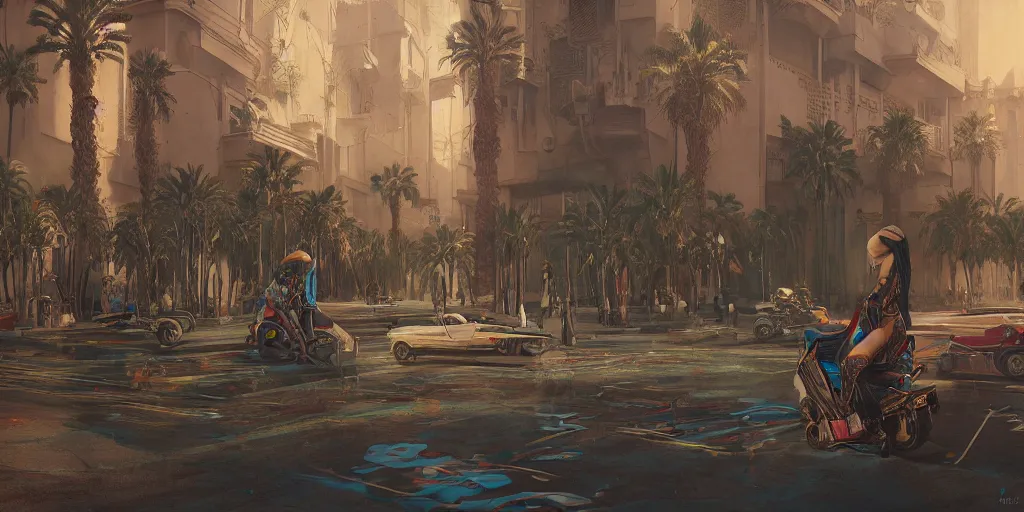 Image similar to Cyberpunk Marrakech, palm trees, Flying vehicles ,Moroccan mosque ,WLOP, James Jean, tom bagshaw, rococo, trending on artstation, fantasy, intricate, elegant, highly detailed, digital painting, concept art, smooth, illustration, cinematic lighting, hyper realism, octane render, 8k, hyper detailed.