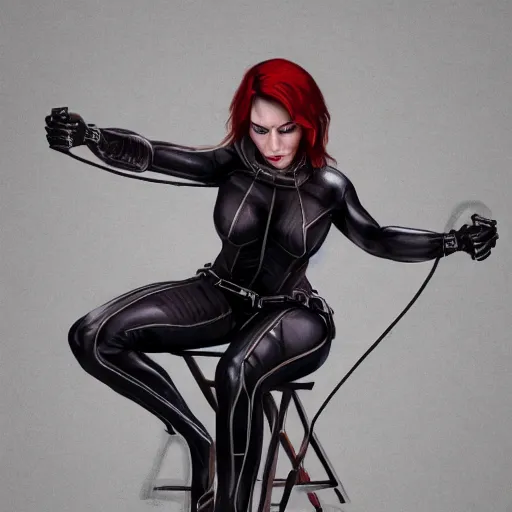 Prompt: black widow, full body pose, tied with chair, rope bondage, angry and helpless, 4 k, cinematic, detailed, digital painting, artstation, concept art, matte, sharp focus, illustration