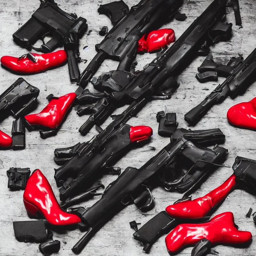 Image similar to 4 people, some guns, reality is collapsing, what the hell is this? red shoes, and some vegan food