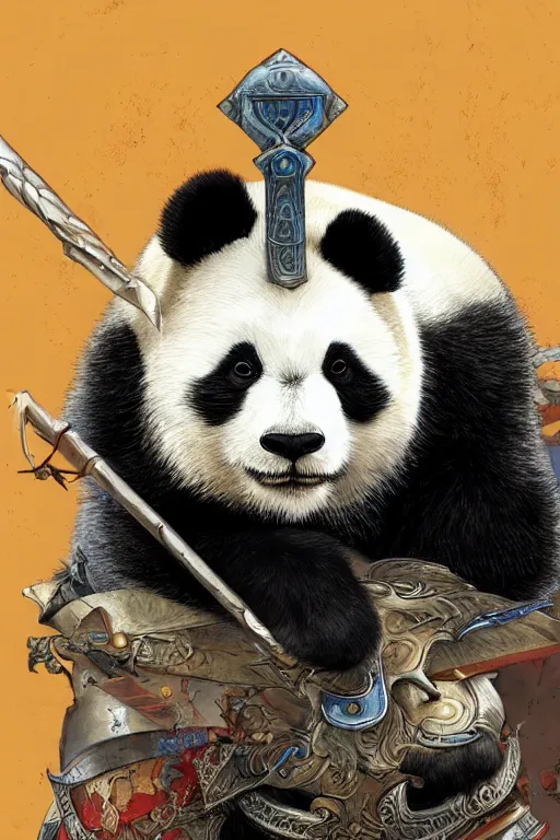 Image similar to Portrait of a panda as a crusader, unreal engine, detailed face, rule of thirds, captivating and enticing, , by James Jean