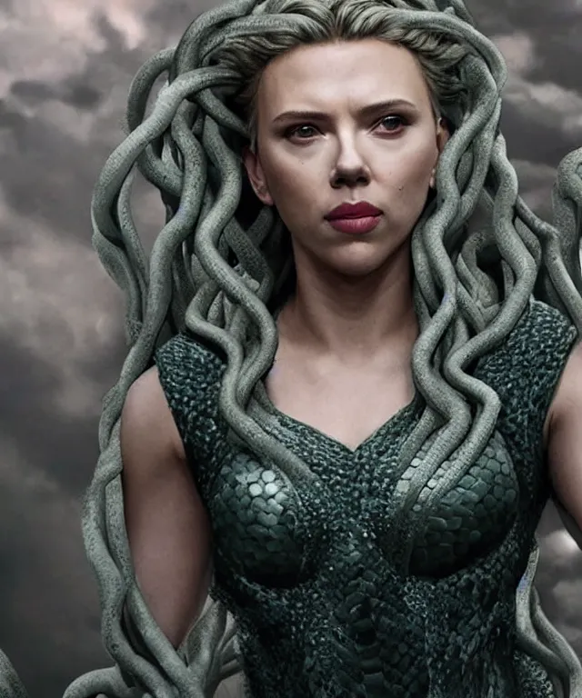 Prompt: Scarlett Johansson starring as Medusa in Medusa (2020 film), cinematic portrait, infinite snakes background