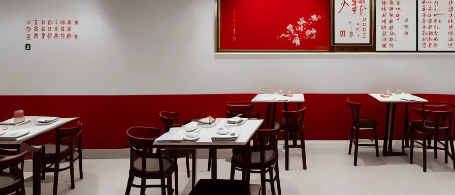 Image similar to a beautiful simple interior render of small roasted string hotpot restaurant restaurant yan'an, wall corner, from china, red paper wall and white tile floor, rectangle white porcelain table, fine simple delicate structure, chinese style, simple composition, simple style structure decoration design, victo ngai, 4 k hd