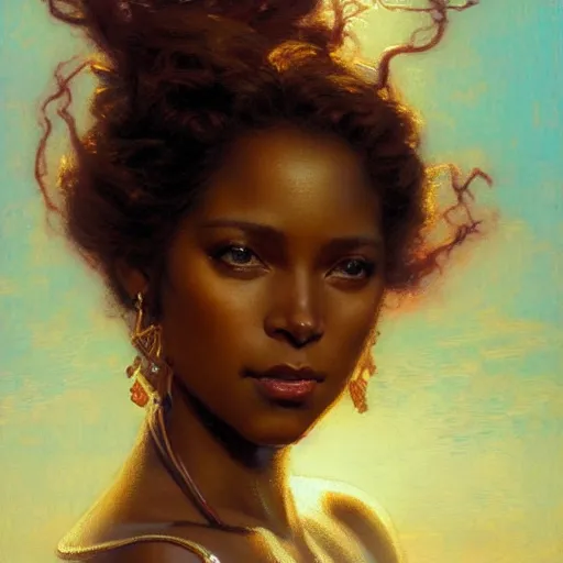 Prompt: young black woman, goddess of light, long flowing hair, smug expression, highly detailed painting by gaston bussiere, craig mullins, j. c. leyendecker 8 k