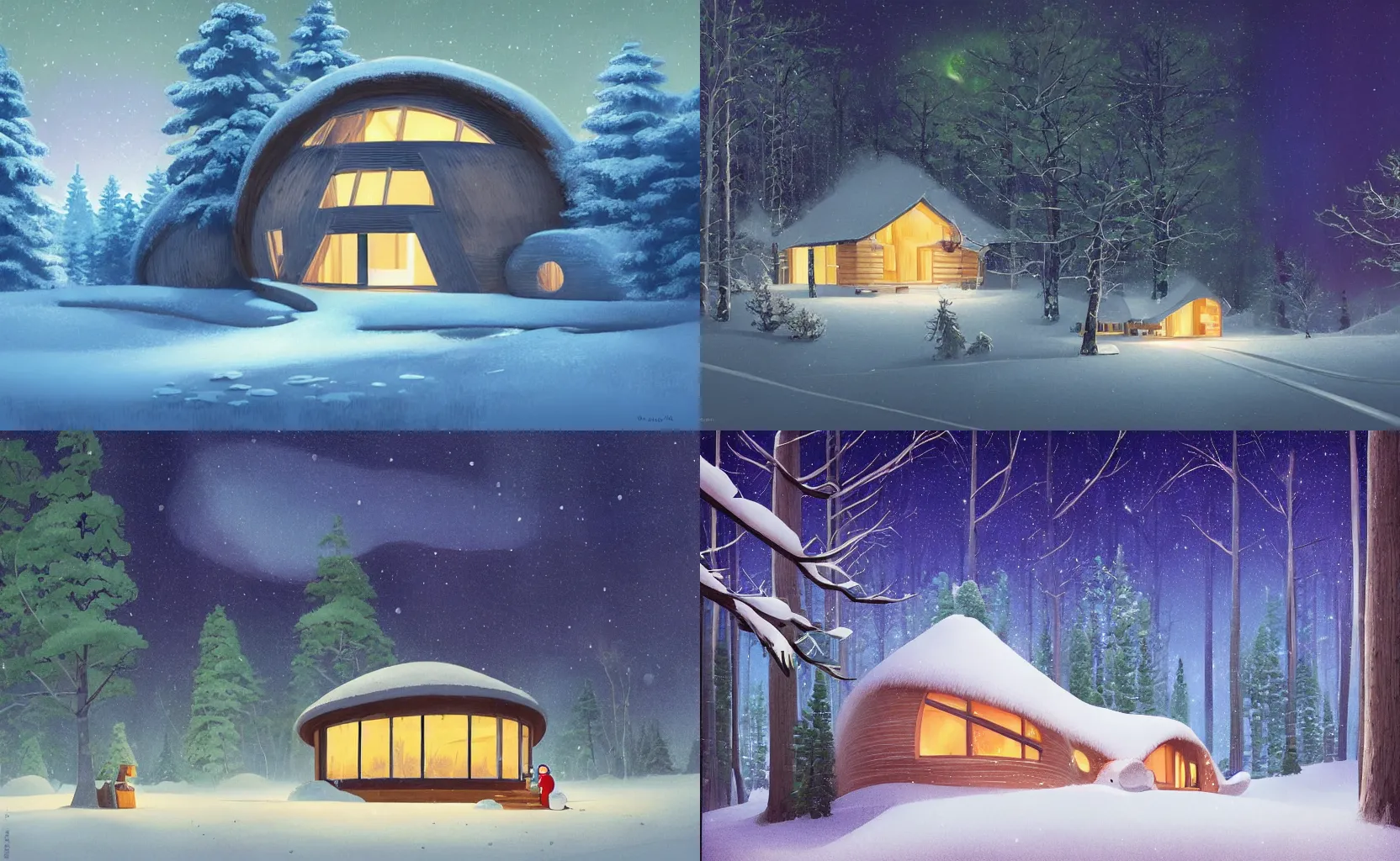 Prompt: a cosy wooden modern round eco house with large windows in a snowy forest in winter at night, peaceful and quiet, aurora borealis, detailed digital painting by studio ghibli, by goro fujita, by rhads