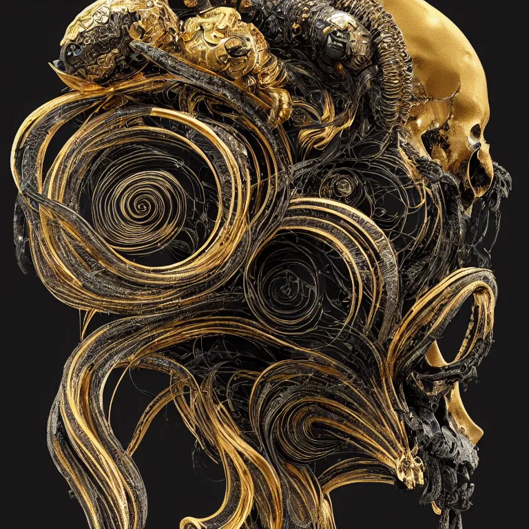 Image similar to black background. absolutely symmetrical sculpture. centered. goddess princess face close-up portrait ram skull. sculpture made of gold and black charcoal. jellyfish phoenix head, nautilus, orchid, skull, betta fish, bioluminiscent creatures, intricate artwork by Tooth Wu and wlop and beeple. octane render, trending on artstation, greg rutkowski very coherent symmetrical artwork. cinematic, hyper realism, high detail, octane render, 8k