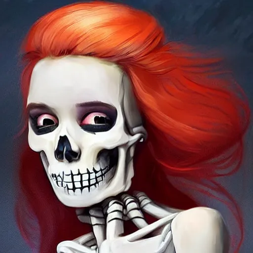 Image similar to cute & beautiful smug smiling undead skeleton girl with very attractive face and red hair dressed as a soviet mitary officer, elegant, digital art, fullbody painting, fantasy, pixar style, painting, pin up, highly detailed, artstation, art by artgerm, vrubel, greg rutkowski, ilya kuvshinov, raymond swanland