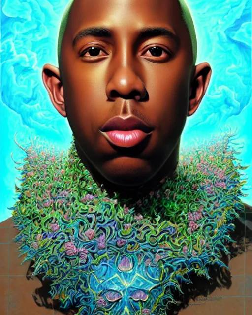 Prompt: a headshot of a tyler the creator, made of fractals facing each other, ultra realistic, wide angle, intricate details, the fifth element artifacts, highly detailed by peter mohrbacher, hajime sorayama, wayne barlowe, boris vallejo, aaron horkey, gaston bussiere, craig mullins