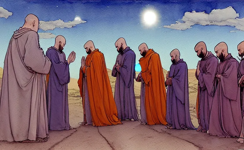 Image similar to a hyperrealist watercolour concept art of a group of medieval monks in grey robes kneeling in prayer. a large primitive ufo is in the sky. on a desert road. by rebecca guay, michael kaluta, charles vess and jean moebius giraud. high detail, hq, wide shot