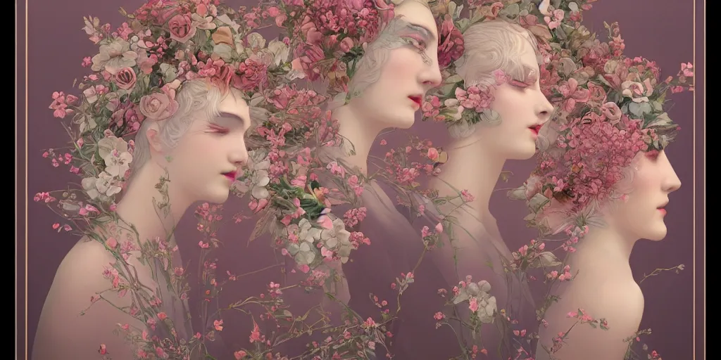 Image similar to breathtaking detailed concept art painting art deco pattern of blonde faces goddesses amalgamation flowers, by hsiao - ron cheng, bizarre compositions, exquisite detail, extremely moody lighting, 8 k