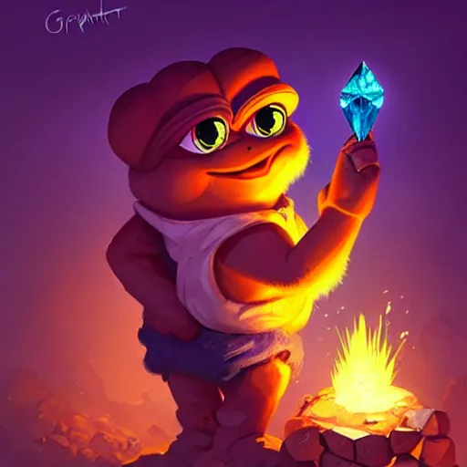 Prompt: pepe the miner with crystals, greg rutkowski, crystals