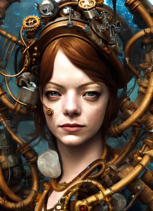 Image similar to underwater steampunk pirate portrait of emma stone, hyper detailed, digital art, trending in artstation, cinematic lighting, studio quality, smooth render, unreal engine 5 rendered, octane rendered, art style by klimt and nixeu and ian sprigger and wlop and krenz cushart.