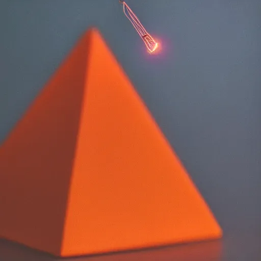 Image similar to a small glowing orange pyramid floating above an open palm, dark lighting