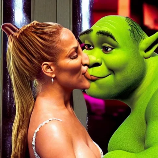 Image similar to shrek kissing jennifer lopez, realistic, cctv chest cam, ultra detailed, 😂🎉💩💨