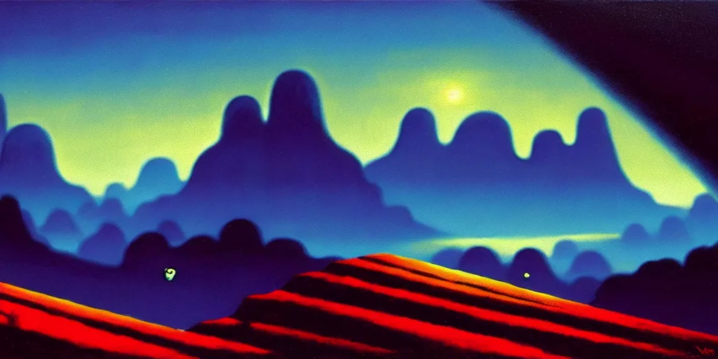 Image similar to cartoon paul lehr narrow night landscape with farawaymountains dark blue tones