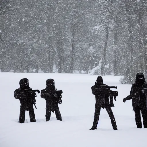 Image similar to snowy fields, snowy trees, partisans with guns, humanoid robots with machine guns, billowing smoke in the distance