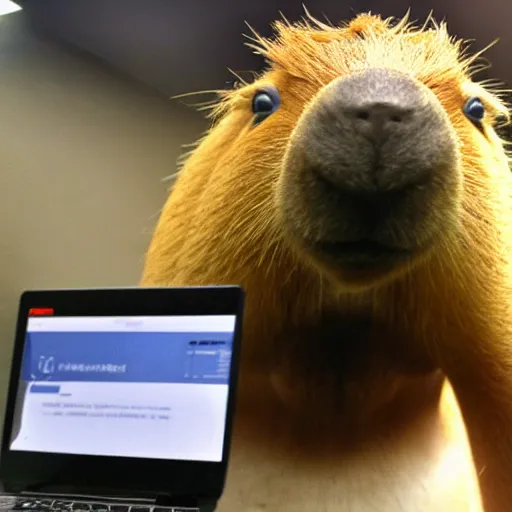 Image similar to a capybara in front of a computer holding a computer