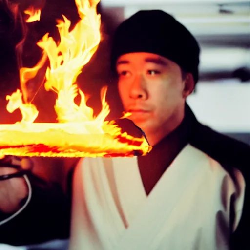 Image similar to cinematic film still of rapper DDG starring as a Japanese Sensei with fire, Japanese CGI, VFX, 2003, 40mm lens, shallow depth of field, film photography