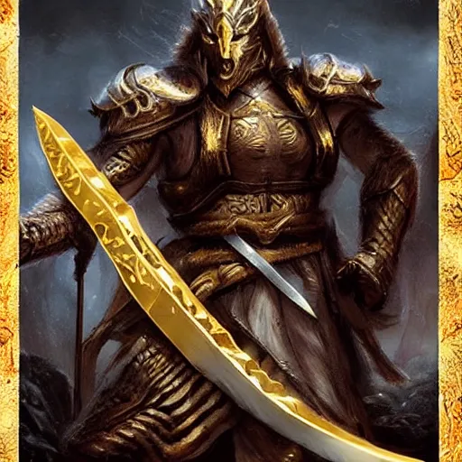 Image similar to a giant golden sword, a broad blade sword weapon, epic fantasy style art, fantasy epic digital art, epic fantasy card game art