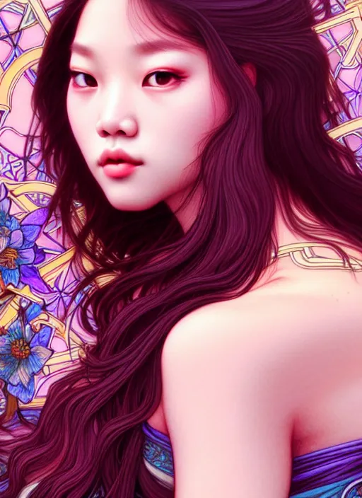 Image similar to jennie manoban of blackpink, tarot card, highly detailed, digital painting, smooth, sharp focus, illustration, ultra realistic, 8 k, art by artgerm and alphonse mucha