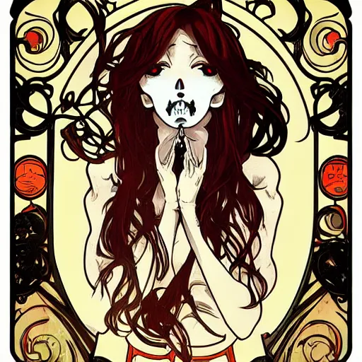 Image similar to anime manga skull portrait woman comic skeleton illustration style by Alphonse Mucha pop art nouveau