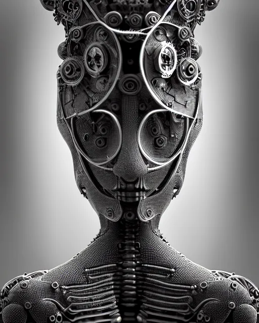 Image similar to mythical black and white organic bio-mechanical spinal ribbed profile face portrait detail of mechanical beautiful female angelic-vegetal-cyborg, highly detailed, intricate steampunk ornate, poetic, 3D render, digital art, octane render, 8K artistic photography, photo-realistic, by Dora Maar