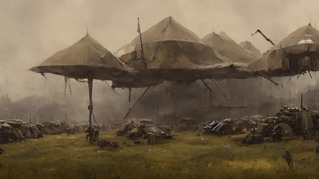 Image similar to panorama view of tents military tents with one mech walker in background, watercolored, jakub rozalski, dark colours, dieselpunk, artstation