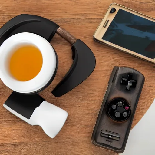 Prompt: tea in a mug with a controller inside and headset on the table