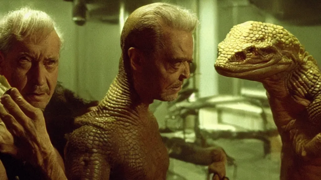 Prompt: movie scene of a man looking amused to a draconian humanoid, reptil, reptilian, movie still, cinematic composition, cinematic light, criterion collection, reimagined by industrial light and magic, Movie by David Lynch and Ridley Scott