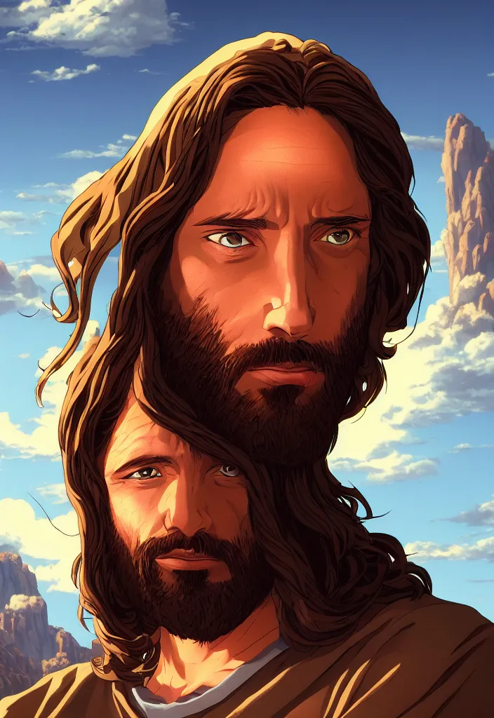 Image similar to a portrait of jesus second coming by dan mumford, yusuke murata and makoto shinkai, 8 k, cel shaded, unreal engine, featured on artstation, pixiv