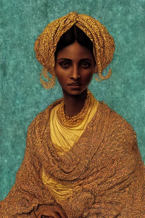 Prompt: Portrait of a Arabic African female, sad green eyes, beautiful skin, elegant, jewellery, digital painting, Pre-Raphaelites, highly detailed, concept art, smooth, sharp focus, gold and indigo, illustration, art by Klimt .