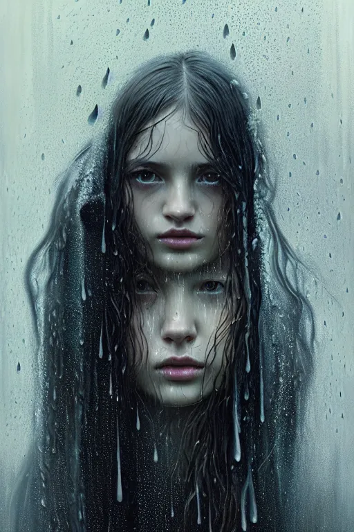 Image similar to portrait of a girl in the rain with wet hair and face, fantasy, intricate, elegant, dramatic lighting, emotionally evoking symbolic metaphor, highly detailed, lifelike, photorealistic, digital painting, artstation, concept art, smooth, sharp focus, illustration, art by John Collier and Albert Aublet and Krenz Cushart and Artem Demura and Alphonse Mucha