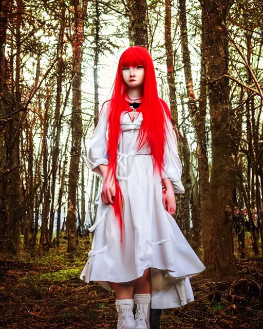 Image similar to very beautiful and cute Asuka Langley (face by Ross Tran) from neon genesis evangelion as a real slavic person dressed as a slavic priestess in holy birch forest in spring, 35mm, iPhone photo, HDR, DSLR, cinematic, trending on Instagram, 8k, 4k
