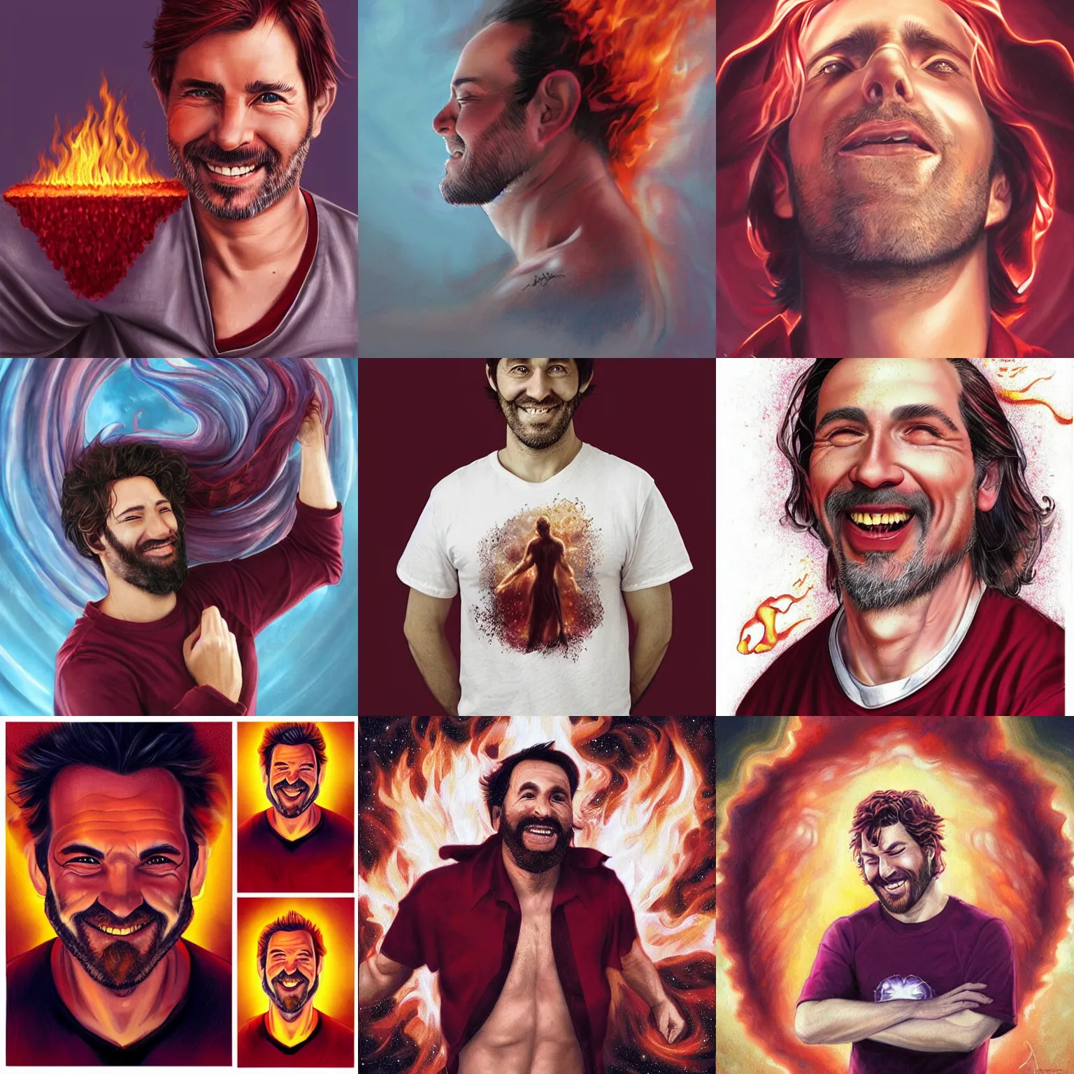 Prompt: a happy white spanish man in his early 4 0 s, heavenly fire is enveloping his body and coming to his head, the man is wearing a t - shirt of burgundy color, art by artgerm