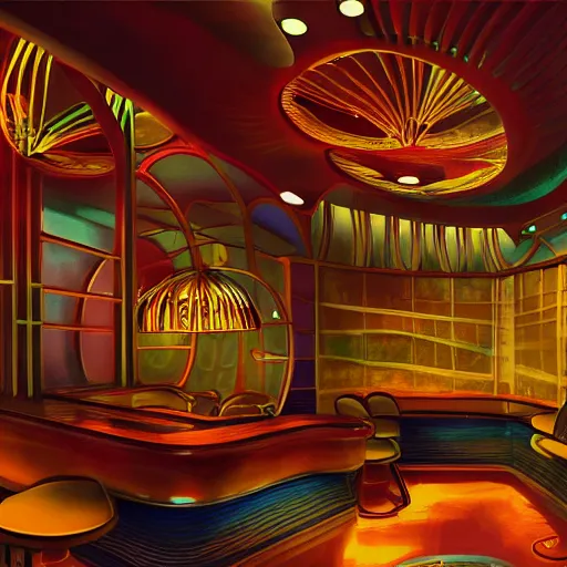 Image similar to beautiful Peter Mohrbach and tyler edlin highly detailed illustration of an underwater art deco lounge