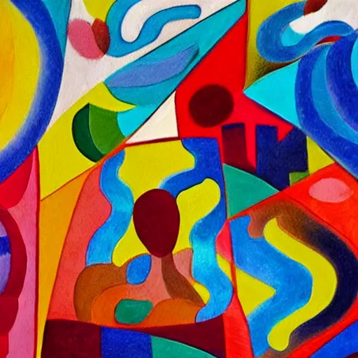 Image similar to woman weaves the colors, sounds and dreams of her community while listening to the river, abstract art in the style of cubism and georgia o keefe,