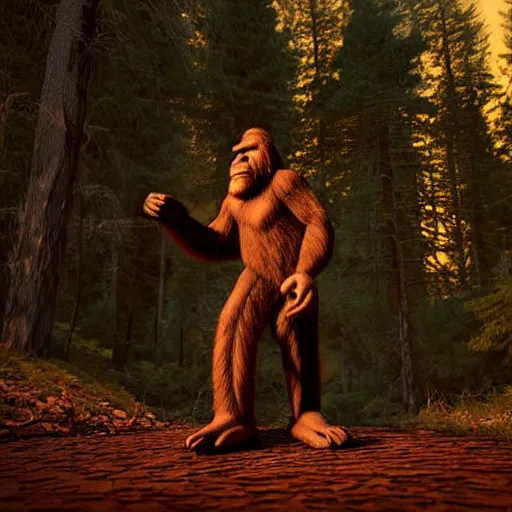 Image similar to bigfoot near a camp fire in a dark forest, highly detailed, photorealistic portrait, bright studio setting, studio lighting, crisp quality and light reflections, unreal engine 5 quality render