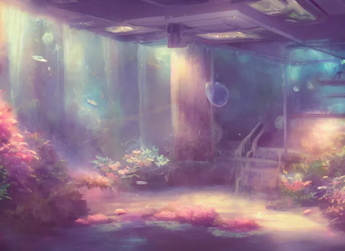 Image similar to placid pastel morning cozy moody cluttered painterly fluffy tiny cramped aquatic pet store, lots of aquariums, slanted ceiling, tiny space, particulate, trending on pixiv