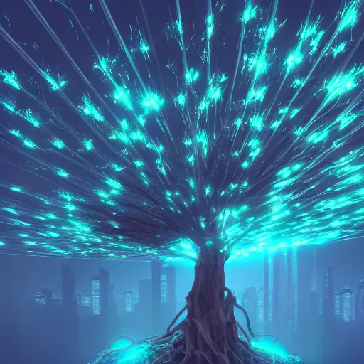 Image similar to tree on top of a hill, light network of blue electrodes in the tree, dawn, cyberpunk, trending on artstation, 8K