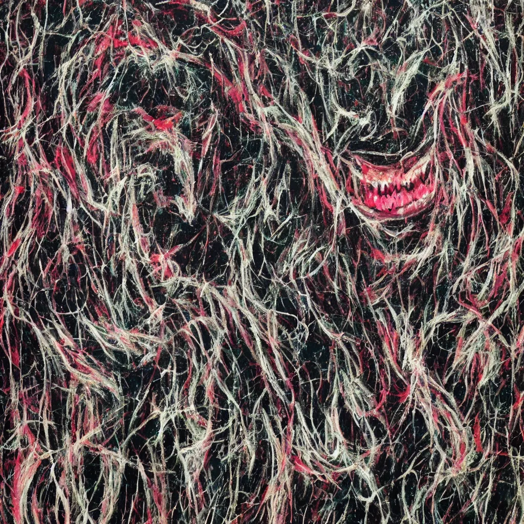 Image similar to camo made of teeth, smiling, abstract, francis bacon artwork, cryptic, dots, spots, stipple, lines, splotch, color tearing, pitch bending, faceless people, dark, ominous, eerie, hearts, minimal, points, technical, old painting, neon colors, folds