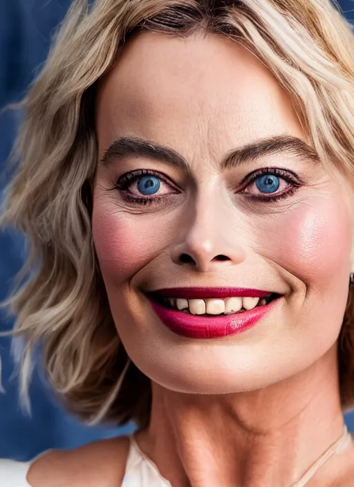 Prompt: DSLR photo portrait still of 63 year old age 63 Margot Robbie at age 63!!!, 85mm f1.8
