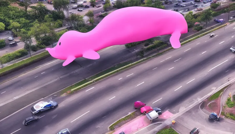 Image similar to a giant pink whale falling out of a blue sky onto cars on a busy bridge, cinematic lighting