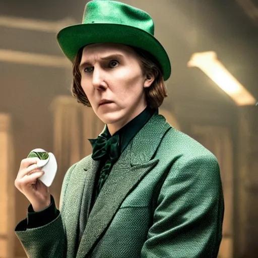 Prompt: film still of Paul Dano as Riddler in a new Batman movie, 4k, dark muted colors, less vibrant, low saturation