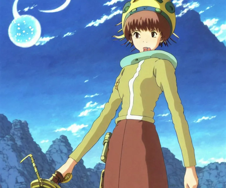 Image similar to anime art full body portrait character nausicaa by hayao miyazaki concept art, anime key visual of elegant young female, short brown hair and large eyes, finely detailed perfect face delicate features directed gaze, valley of the wind and mountains background, trending on pixiv fanbox, studio ghibli, extremely high quality artwork by kushart krenz cute sparkling eyes scenery